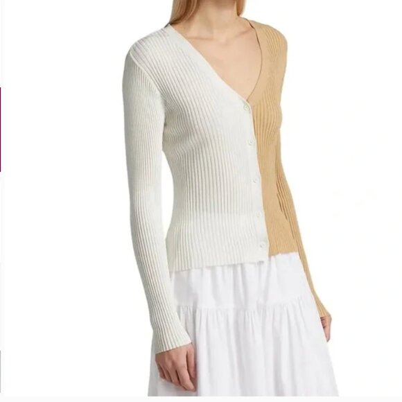 STAUD Womens Cargo Colorblock Cardigan Small Ribbed Stretchy White Beige Buttons - Picture 3 of 11